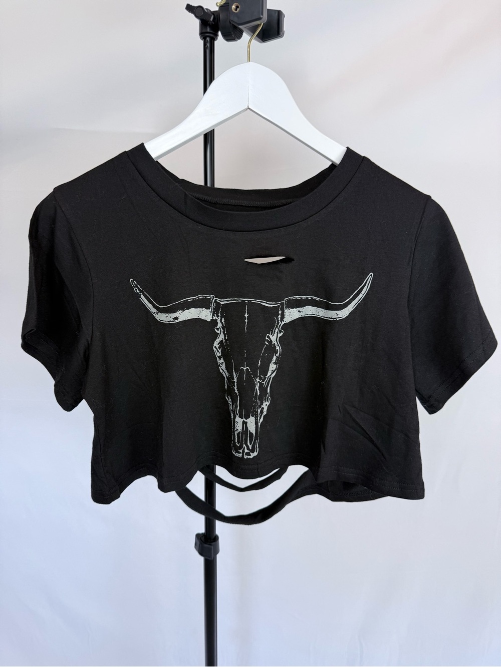 Black Cow Skull Graphic Crop Tee - Unbranded